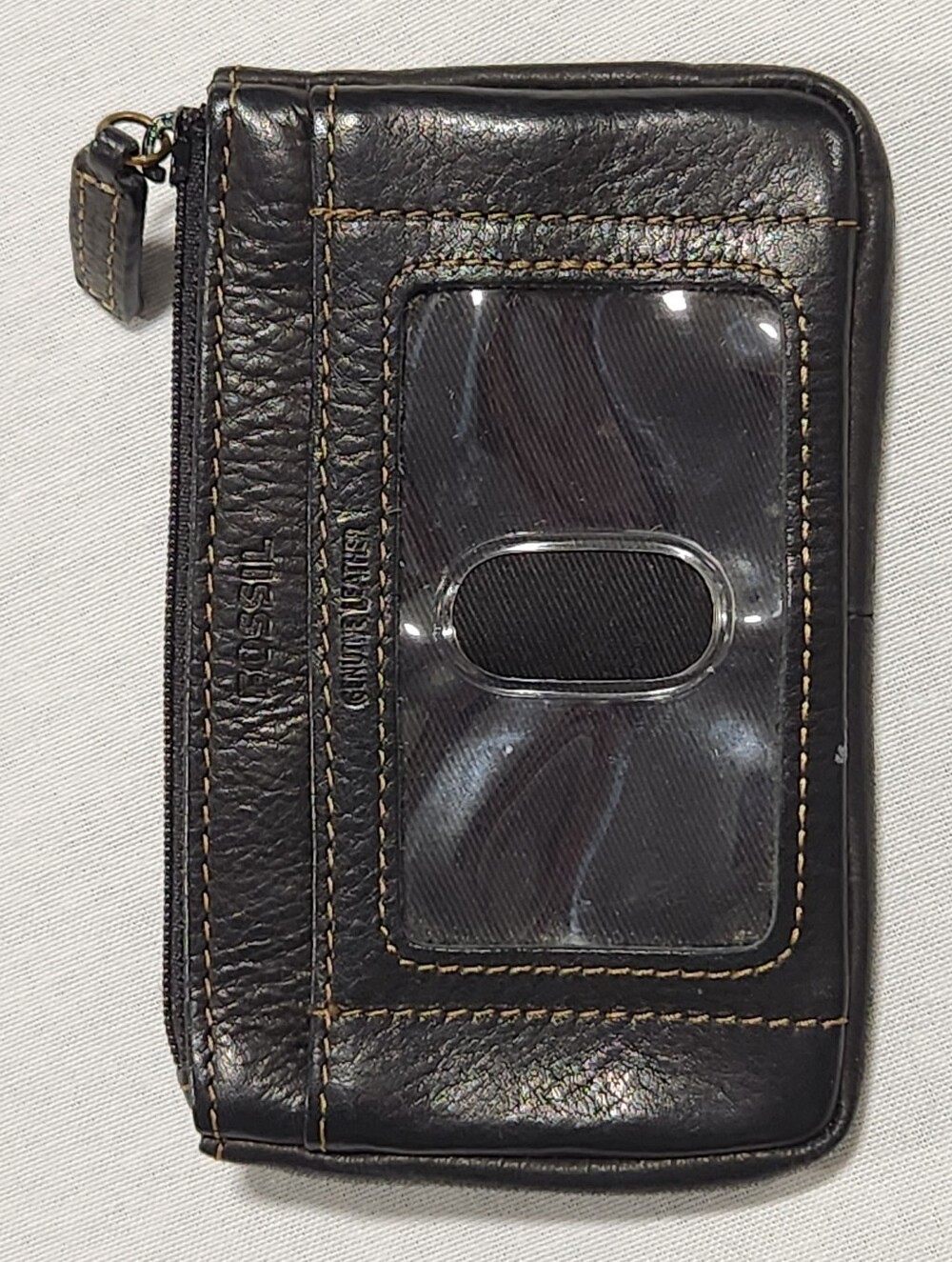 Fossil Coin Wallet Patchwork Leather Black Brown Tan ID Window Key Ring Snap Zip - Picture 3 of 9